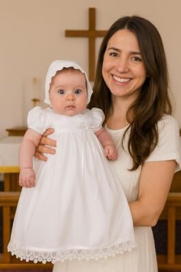 100% Cotton Handmade Christening Special Occasion Dress for Baby Girl with Italian Lace